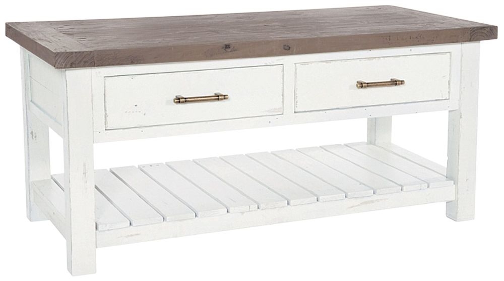 Purbeck Reclaimed Distressed White 2 Drawer Coffee Table