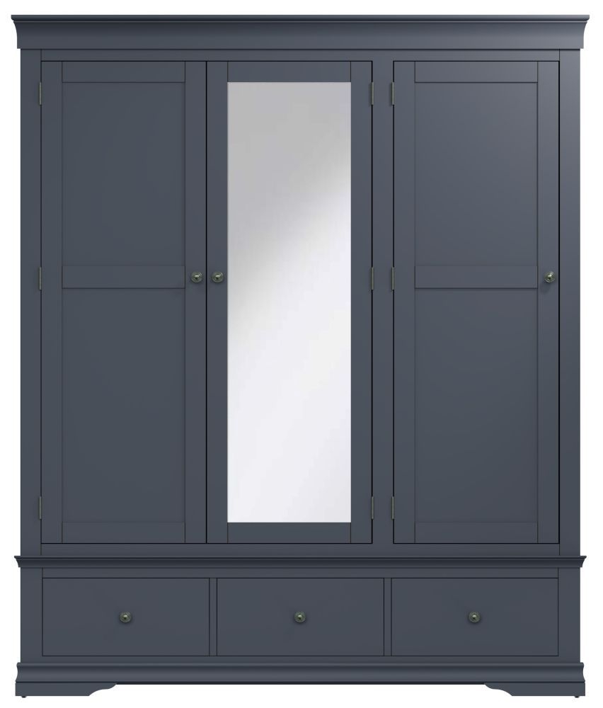 Chantilly Midnight Grey Painted 3 Door 3 Drawer Wardrobe