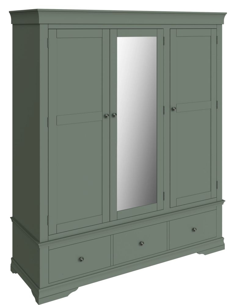 Chantilly Sage Green Painted 3 Door 1 Mirror 3 Drawer Combi Wardrobe