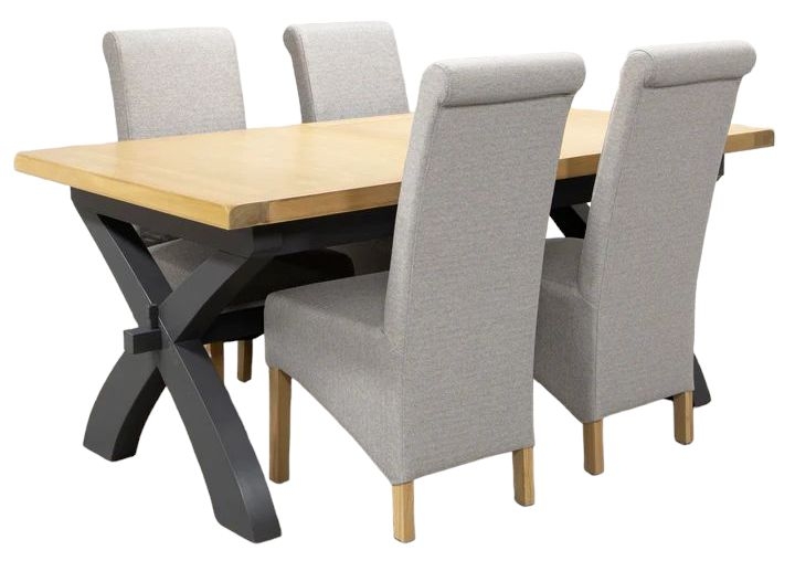 Ansley Oak Charcoal Cross Leg 180cm Extending Dining Table And 4 Fabric Chair In Light Grey