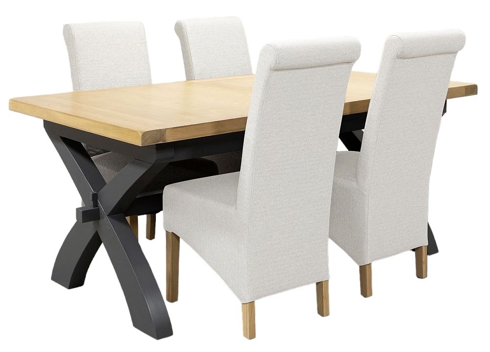 Ansley Oak Charcoal Cross Leg 180cm Extending Dining Table And 4 Fabric Chair In Natural