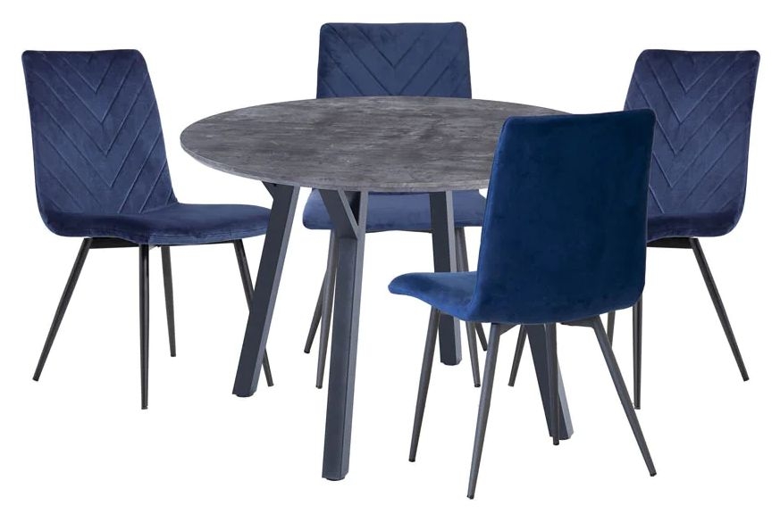 Gillis Concrete Effect Top 110cm Round Dining Table And 4 Velvet Fabric Chair In Blue