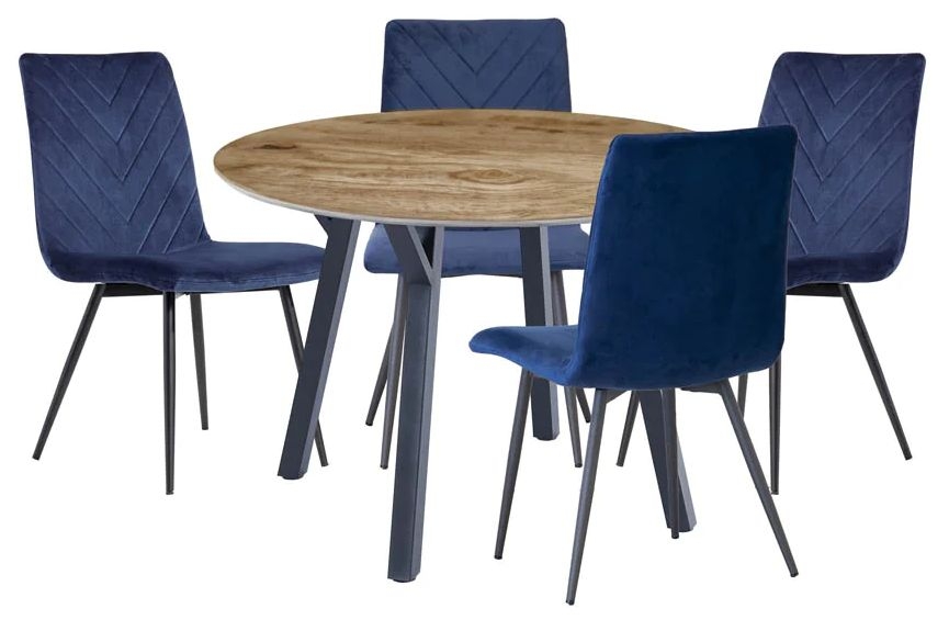 Gillis Oak Effect Top 110cm Round Dining Table And 4 Velvet Fabric Chair In Blue