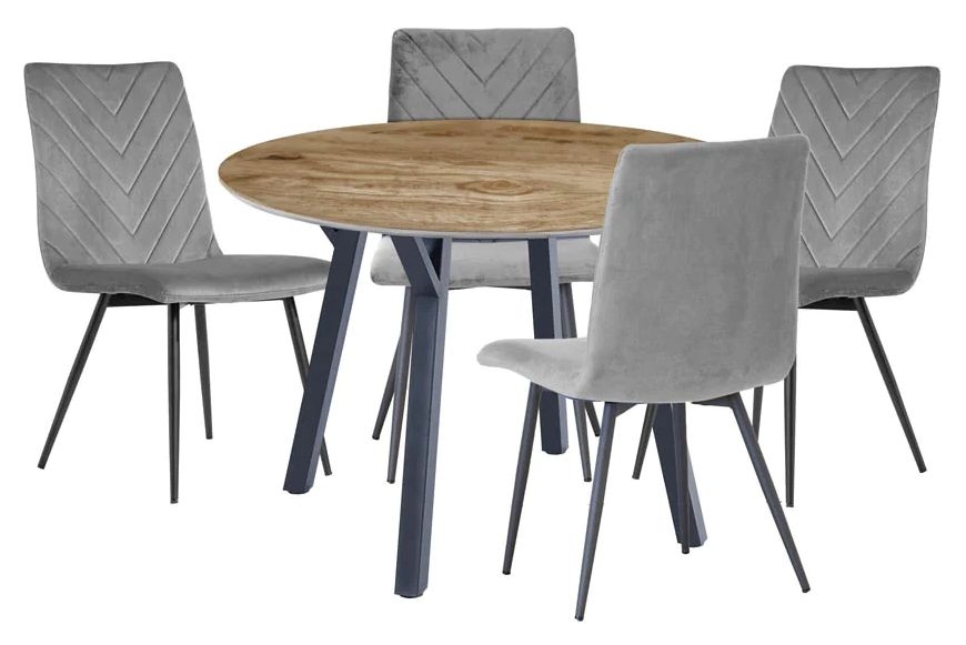 Gillis Oak Effect Top 110cm Round Dining Table And 4 Velvet Fabric Chair In Grey