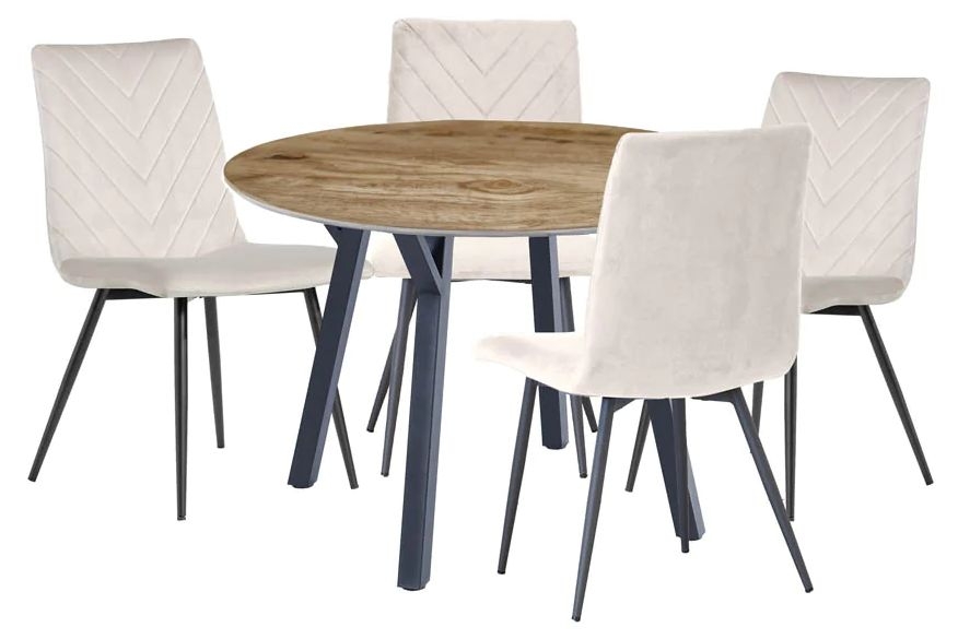 Gillis Oak Effect Top 110cm Round Dining Table And 4 Velvet Fabric Chair In Natural