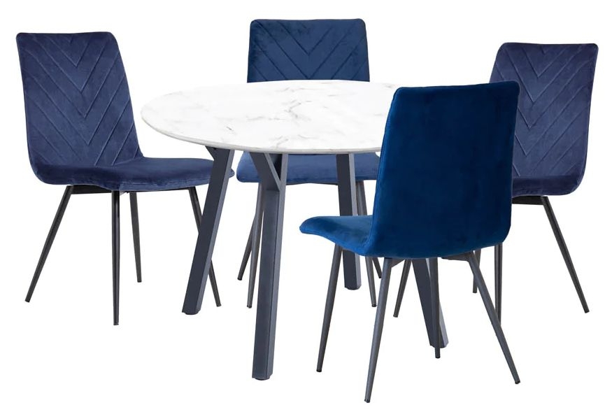 Gillis White Marble Effect Top 110cm Round Dining Table And 4 Velvet Fabric Chair In Blue