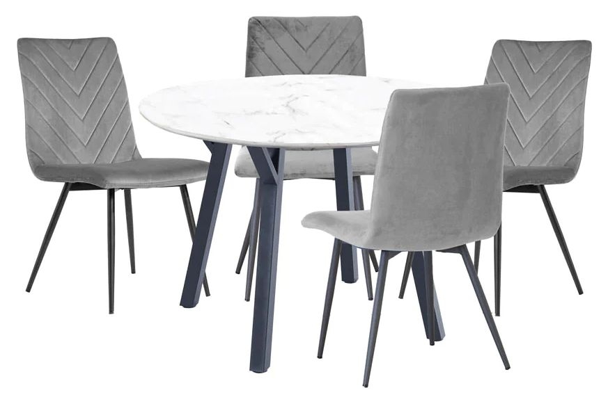 Gillis White Marble Effect Top 110cm Round Dining Table And 4 Velvet Fabric Chair In Grey