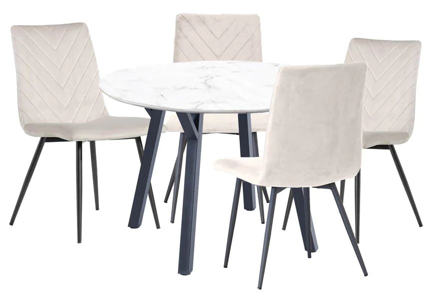 Gillis White Marble Effect Top 110cm Round Dining Table And 4 Velvet Fabric Chair In Natural