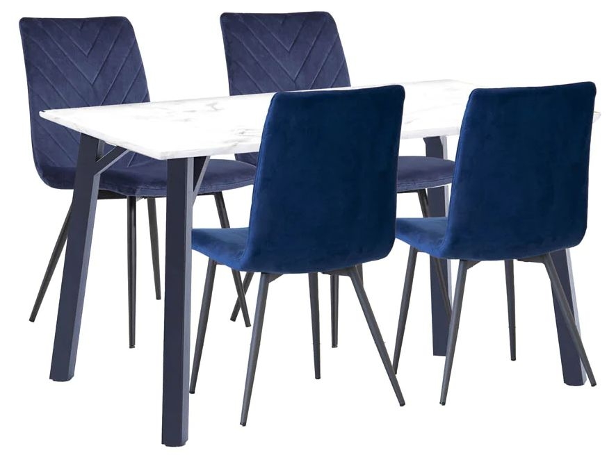 Killen White Marble Effect Top 120cm Dining Table And 4 Fabric Chair In Blue