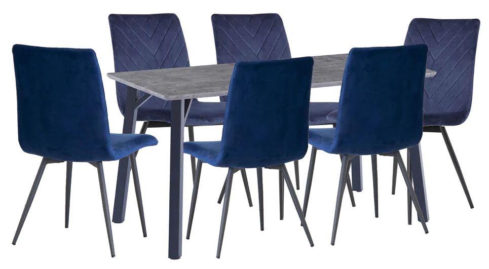 Tivoli Concrete Effect Top 180cm Dining Table And 6 Velvet Fabric Chair In Blue