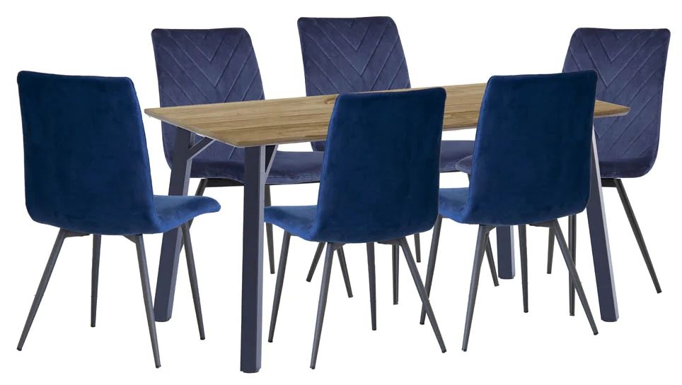 Tivoli Oak Effect Top 180cm Dining Table And 6 Velvet Fabric Chair In Blue