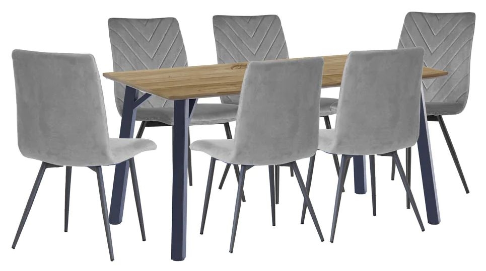 Tivoli Oak Effect Top 180cm Dining Table And 6 Velvet Fabric Chair In Grey