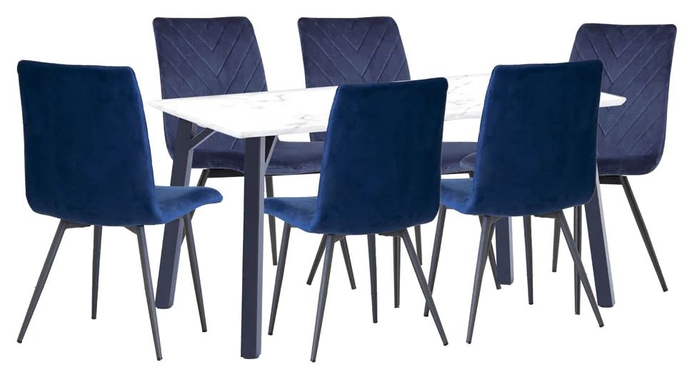 Tivoli White Marble Effect Top 180cm Dining Table And 6 Velvet Fabric Chair In Blue