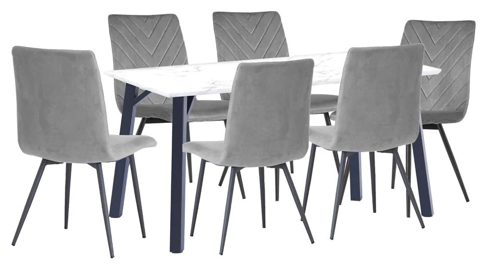 Tivoli White Marble Effect Top 180cm Dining Table And 6 Velvet Fabric Chair In Grey