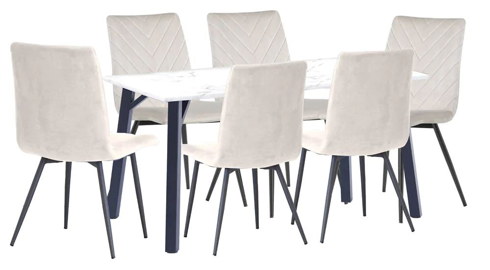 Tivoli White Marble Effect Top 180cm Dining Table And 6 Velvet Fabric Chair In Natural