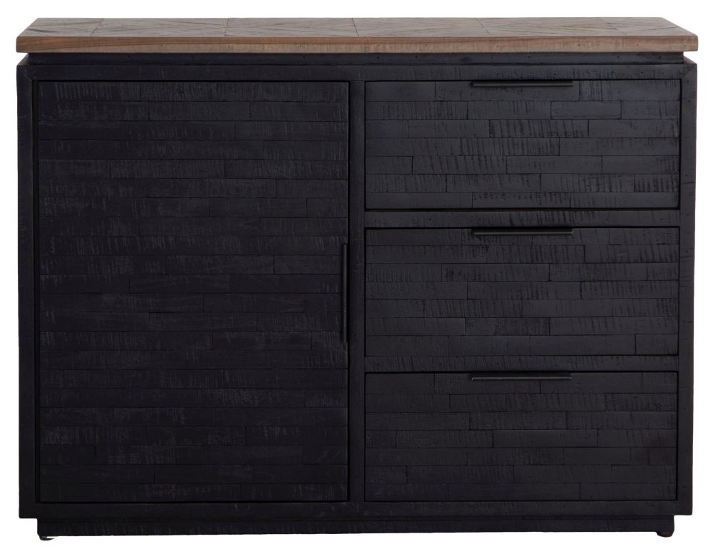 Gifford Herringbone Teak Wood Top 1 Door 3 Drawer Sideboard With Dark Wood Base 100cm