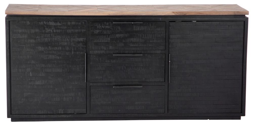 Gifford Herringbone Teak Wood Top 2 Door 3 Drawer Sideboard With Dark Wood Base 160cm