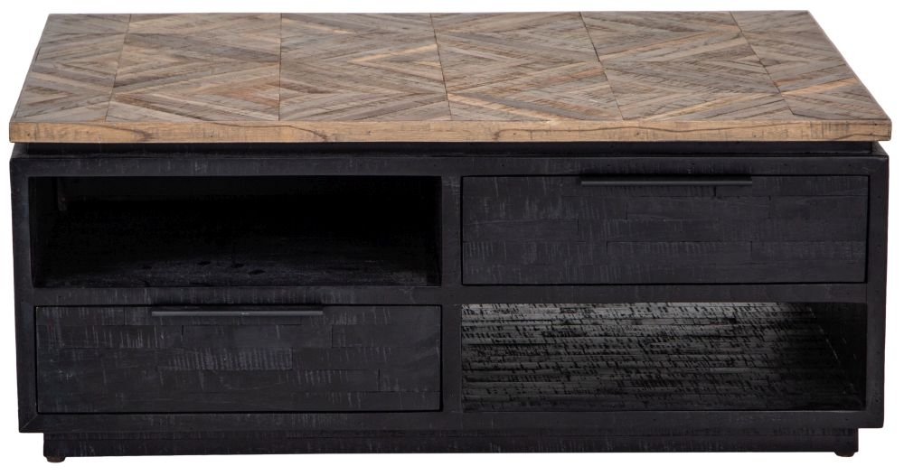 Gifford Herringbone Teak Wood Top 2 Drawer Coffee Table With Dark Wood Base