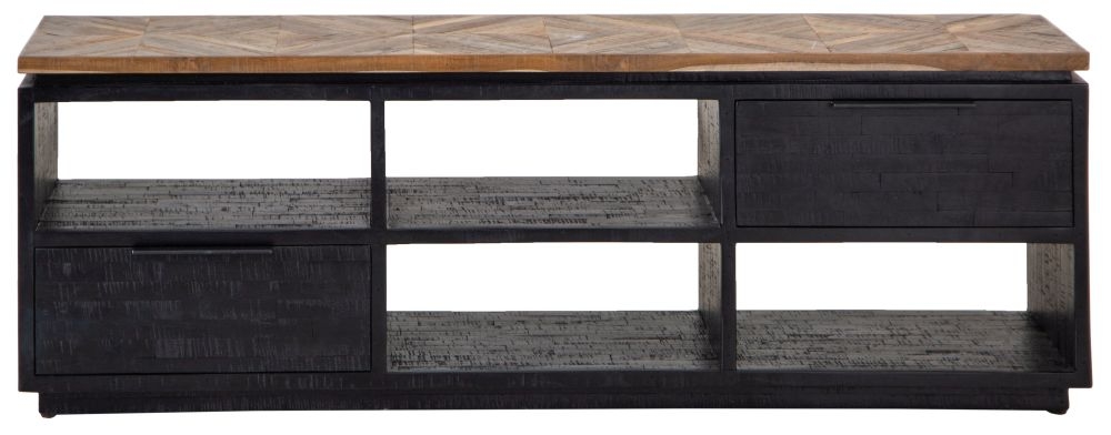 Gifford Herringbone Teak Wood Top 2 Drawer Tv Unit With Dark Wood Base