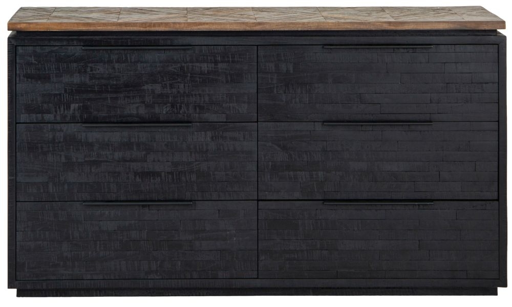 Gifford Herringbone Teak Wood Top 6 Drawer Chest With Dark Wood Base