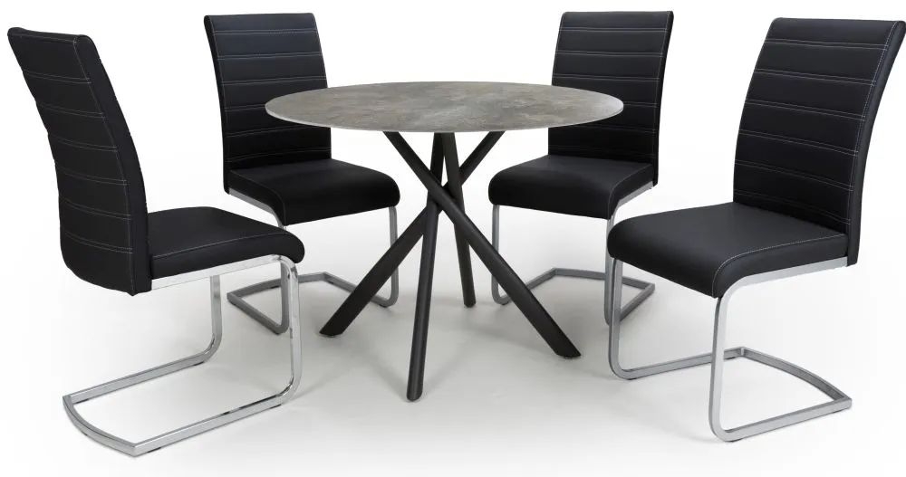 Avesta Grey Glass Round Dining Table And 4 Callisto Black Chairs