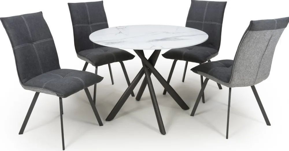 Avesta White Marble Effect Round Dining Table And 4 Ariel Dark Grey Chairs