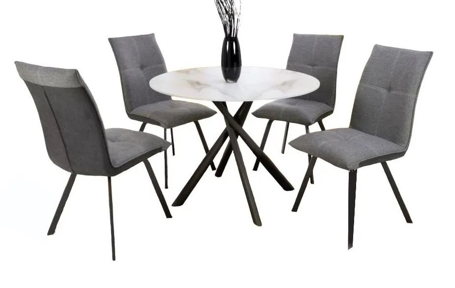 Avesta White Marble Effect Round Dining Table And 4 Ariel Light Grey Chairs