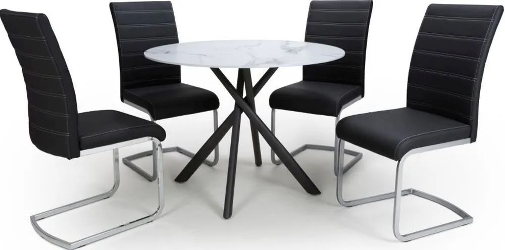 Avesta White Marble Effect Round Dining Table And 4 Callisto Black Chairs