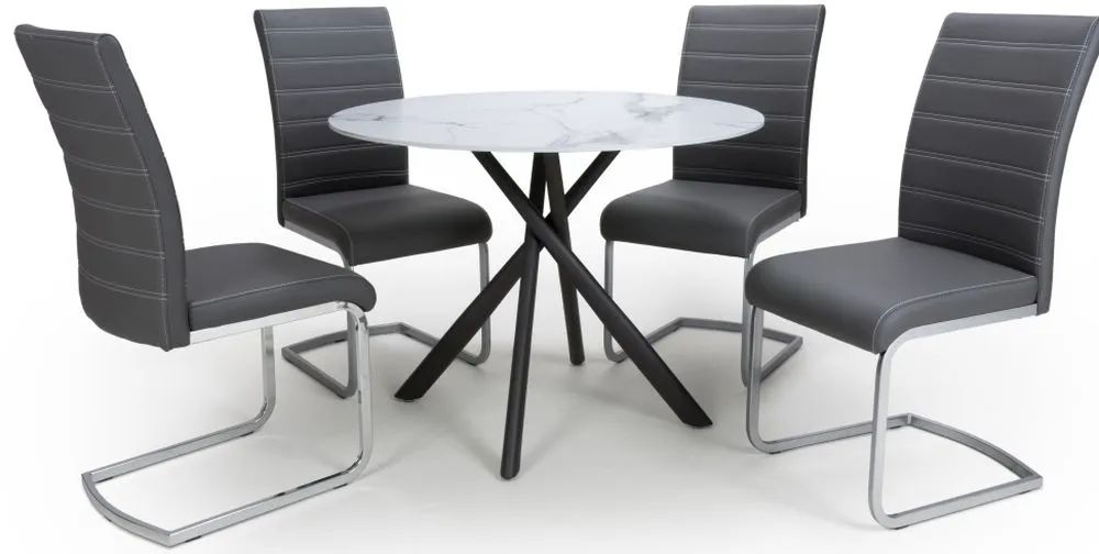 Avesta White Marble Effect Round Dining Table And 4 Callisto Grey Chairs