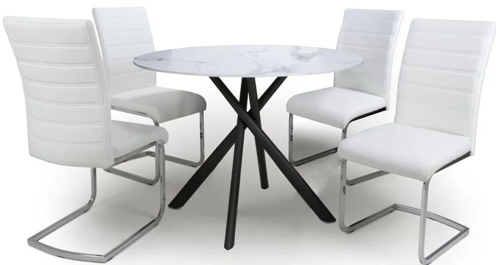 Avesta White Marble Effect Round Dining Table And 4 Callisto White Chairs