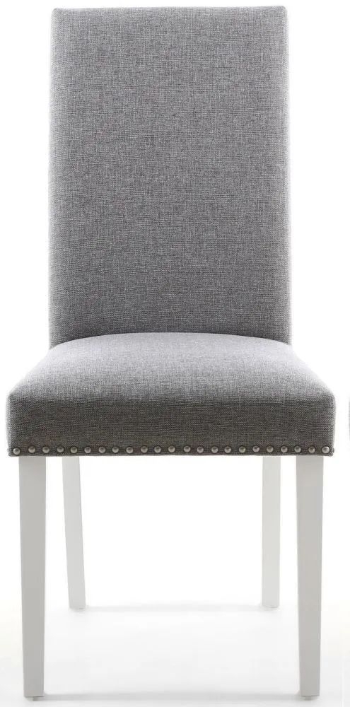 Randall Stud Detail Linen Effect Silver Grey Dining Chair In White Legs Sold In Pairs