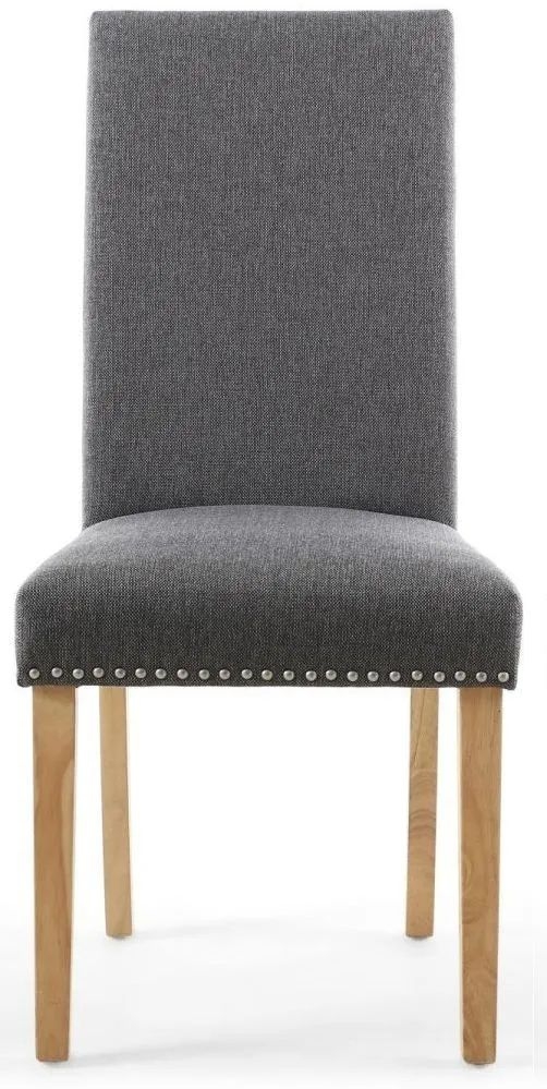 Randall Stud Detail Linen Effect Steel Grey Dining Chair In Natural Legs Sold In Pairs