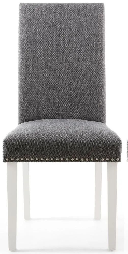Randall Stud Detail Linen Effect Steel Grey Dining Chair In White Legs Sold In Pairs
