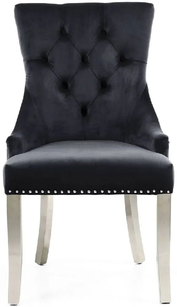 Chester Brushed Velvet Black Dining Chair In Silver Legs Sold In Pairs