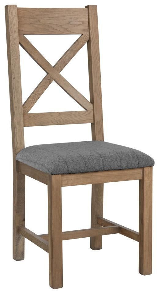 Hatton Oak Cross Back Dining Chair With Grey Fabric Seat Sold In Pairs