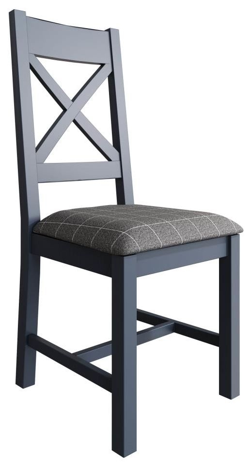 Ringwood Blue Painted Cross Back Dining Chair With Grey Fabric Seat Sold In Pairs