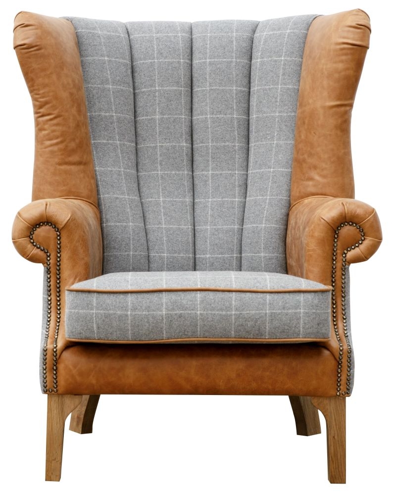 Fluted Back Grey Fabric And Brown Leather Wing Armchair