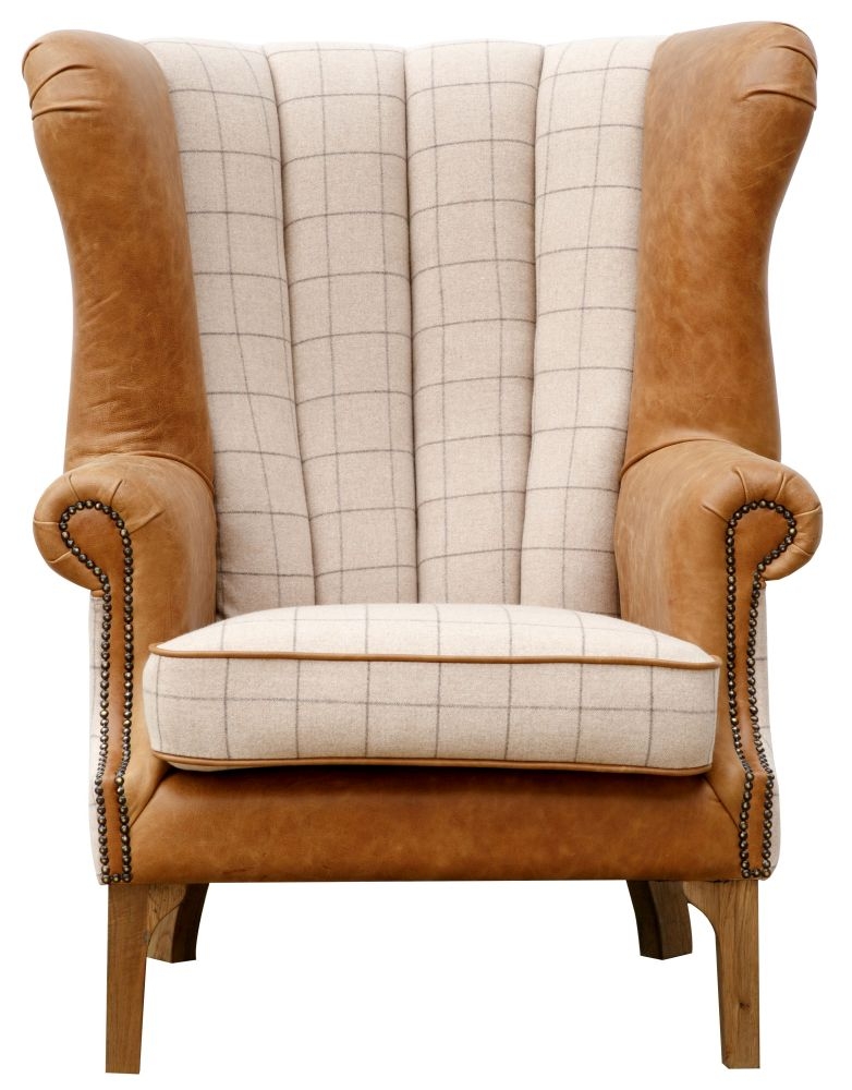 Fluted Back Natural Fabric And Brown Leather Wing Armchair