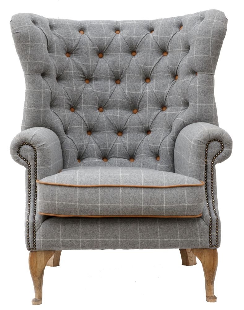 Wrap Round Button Back Grey Fabric Wing Armchair