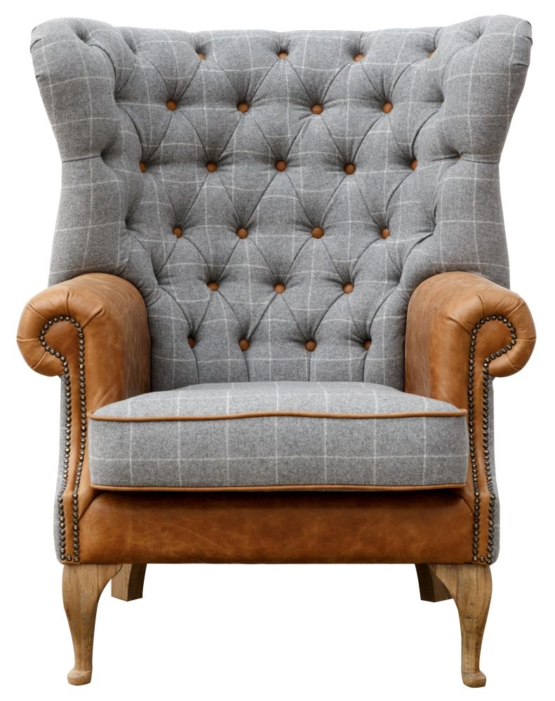 Wrap Round Button Back Grey Fabric And Brown Leather Wing Armchair