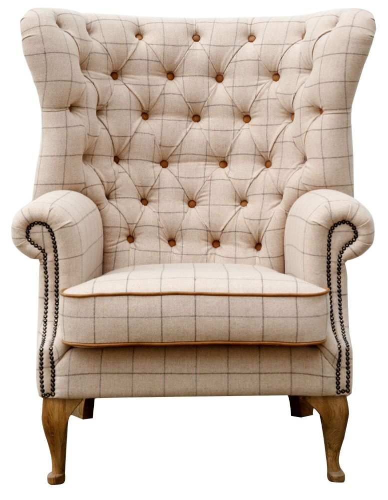 Wrap Round Button Back Natural Fabric Wing Armchair