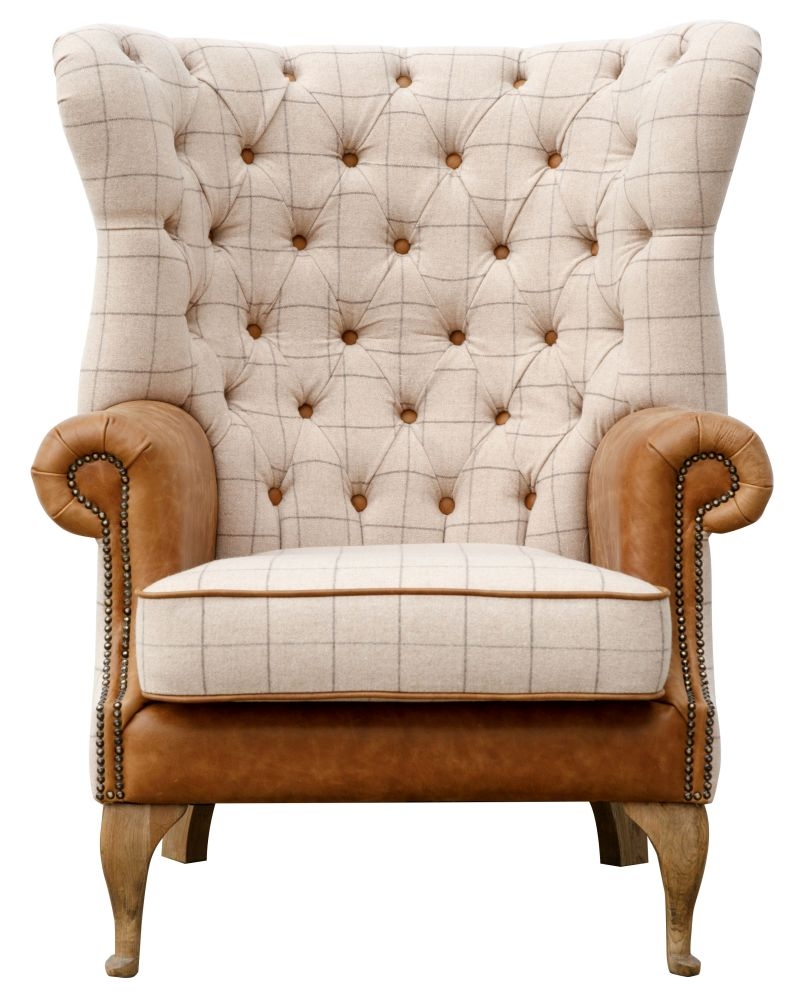 Wrap Round Button Back Natural Fabric And Brown Leather Wing Armchair