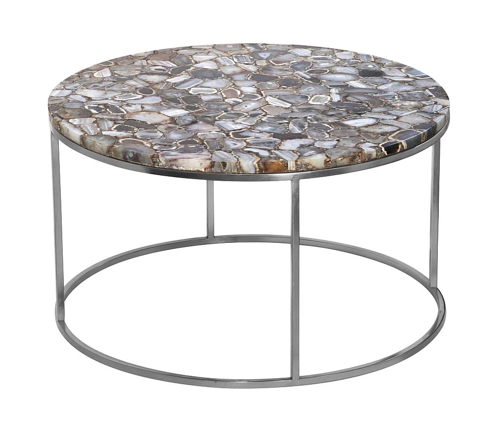 Agate Natural Stone Round Coffee Table With Silver Chrome Metal Frame