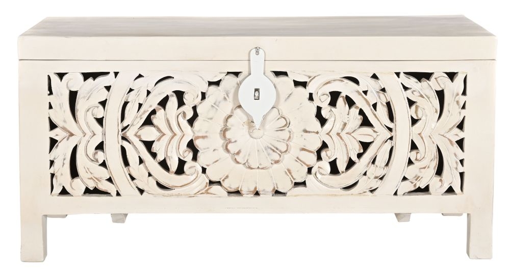 Boho White Washed Light Distressed Carved Mango Wood Blanket Box 1 Door