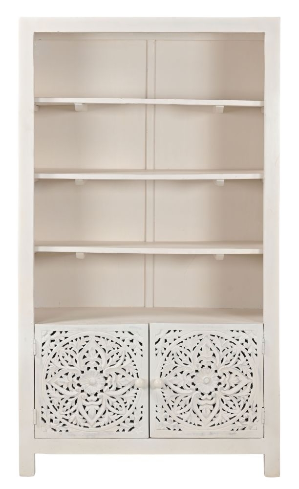 Boho White Washed Light Distressed Carved Mango Wood Bookcase 2 Doors