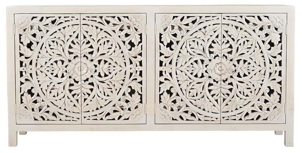 Boho White Washed Light Distressed Carved Mango Wood Large Sideboard 137cm