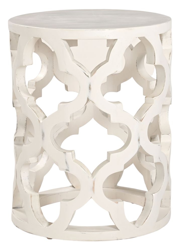 Boho White Washed Light Distressed Carved Mango Wood Round Lamp Table