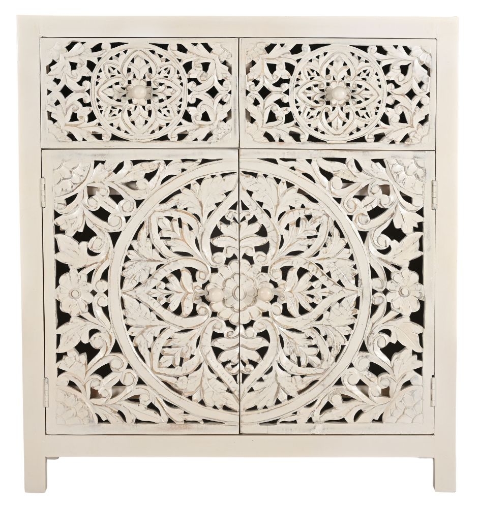 Boho White Washed Light Distressed Carved Mango Wood Small Sideboard 100cm