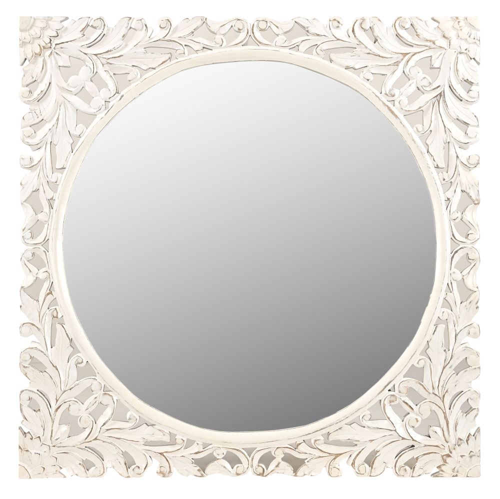 Boho White Washed Light Distressed Carved Mango Wood Square Wall Mirror 110cm X 110cm