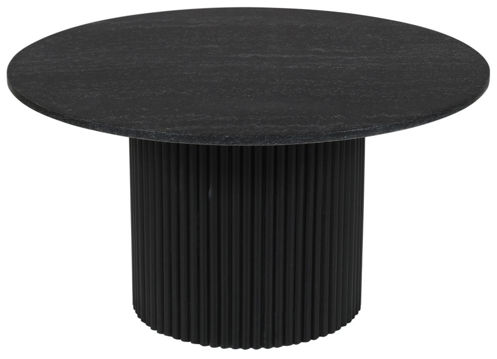 Carra Marble Coffee Table Black Round Top With Fluted Ribbed Drum Base